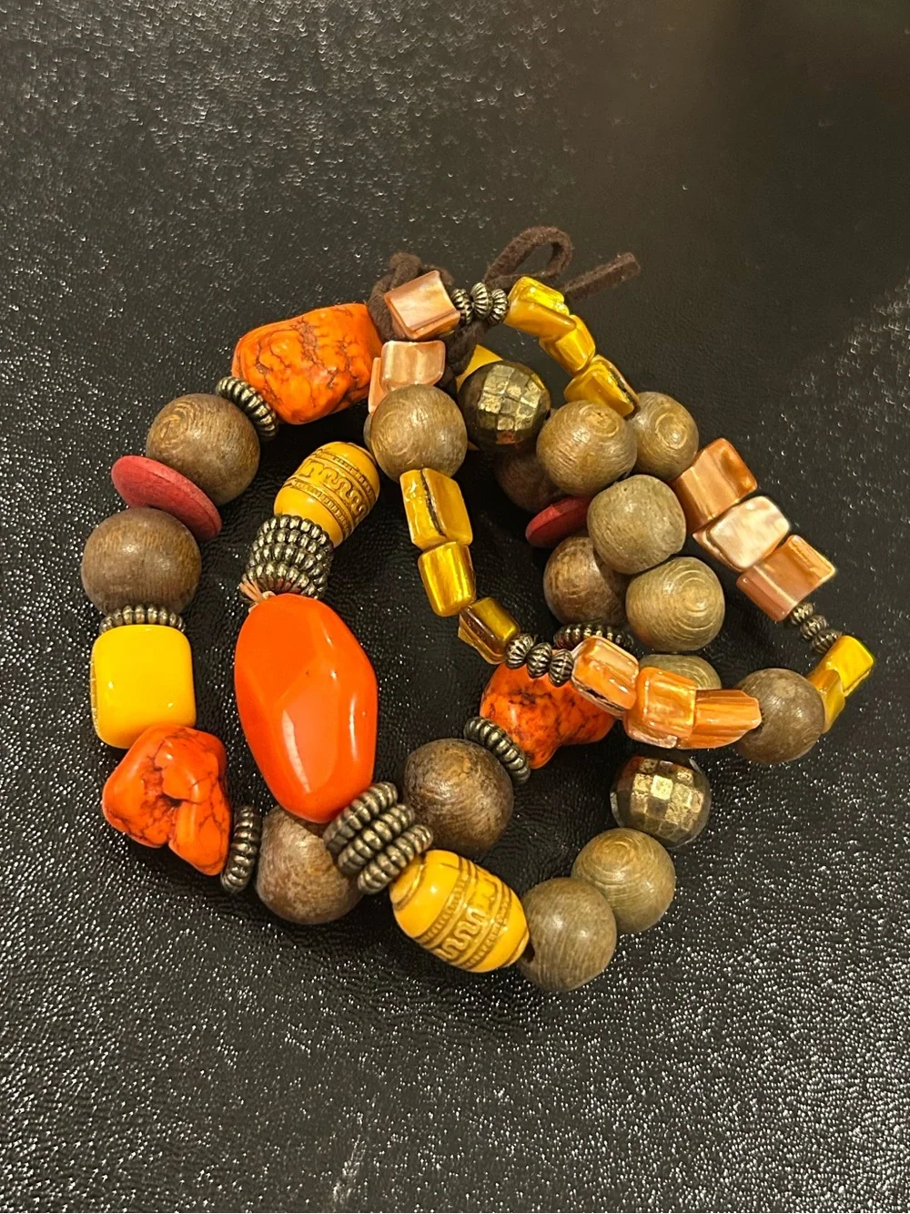 Boho Earth Tone Eclectic Mixed Bead 3-Piece Bracelet Set Orange Brown Yellow